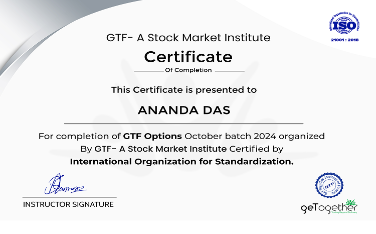 GTF Options course certificate displayed on a laptop screen